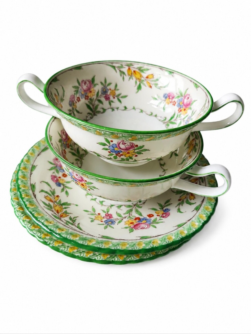 Minton Porcelain Double Handled Soup Bowls and Saucers - Green Floral, 2 Sets
